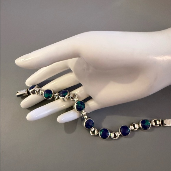 Taxco Silver Bracelet with Blue and Green Accents - Picture 6 of 9